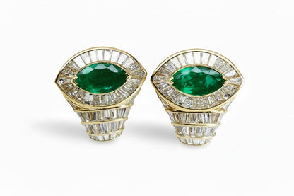 5.10 Total Carat 18K Yellow Gold Diamond & Colombian Marquise Emerald Earrings