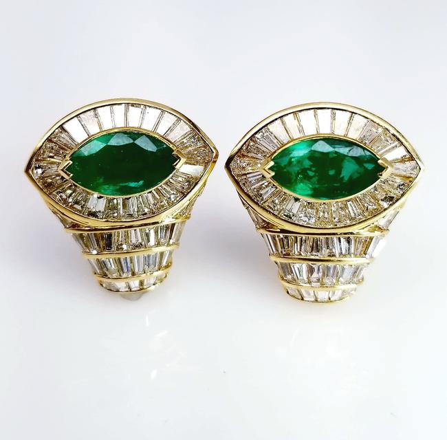 5.10 Total Carat 18K Yellow Gold Diamond & Colombian Marquise Emerald Earrings