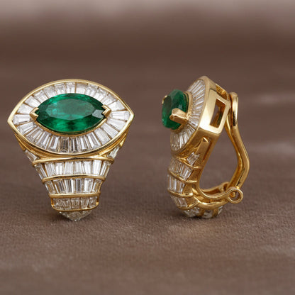 5.10 Total Carat 18K Yellow Gold Diamond & Colombian Marquise Emerald Earrings