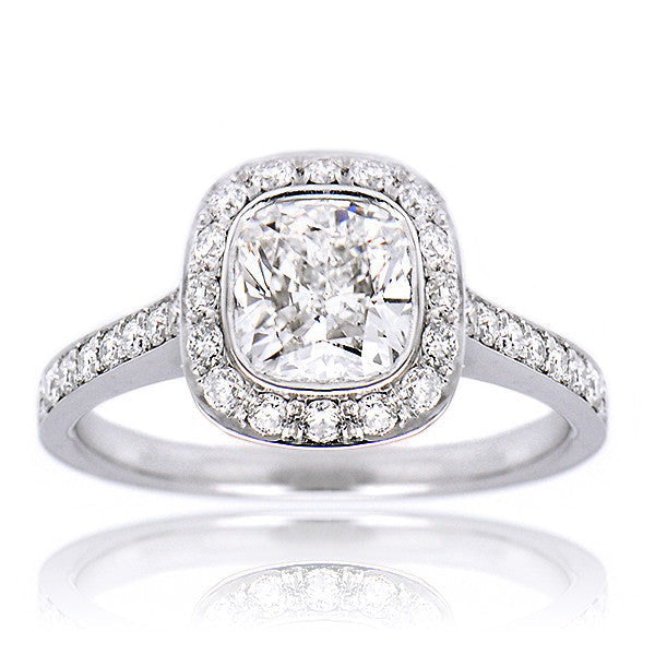 "ENGR02480" Cushion Cut Bezel Set Halo Diamond Engagement Ring