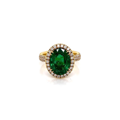 5.32 Total Carat Emerald and Diamond Halo Pave-Set Ladies Ring, GIA
