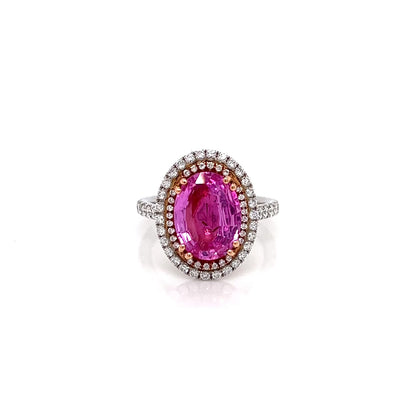 4.56 Total Carat Oval Pink Sapphire and Diamond Double Halo Pave-Set Ladies Ring. GIA Certified.