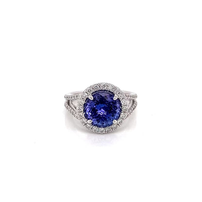 4.15 Total Carat Tanzanite and Diamond Halo Engagement Ring