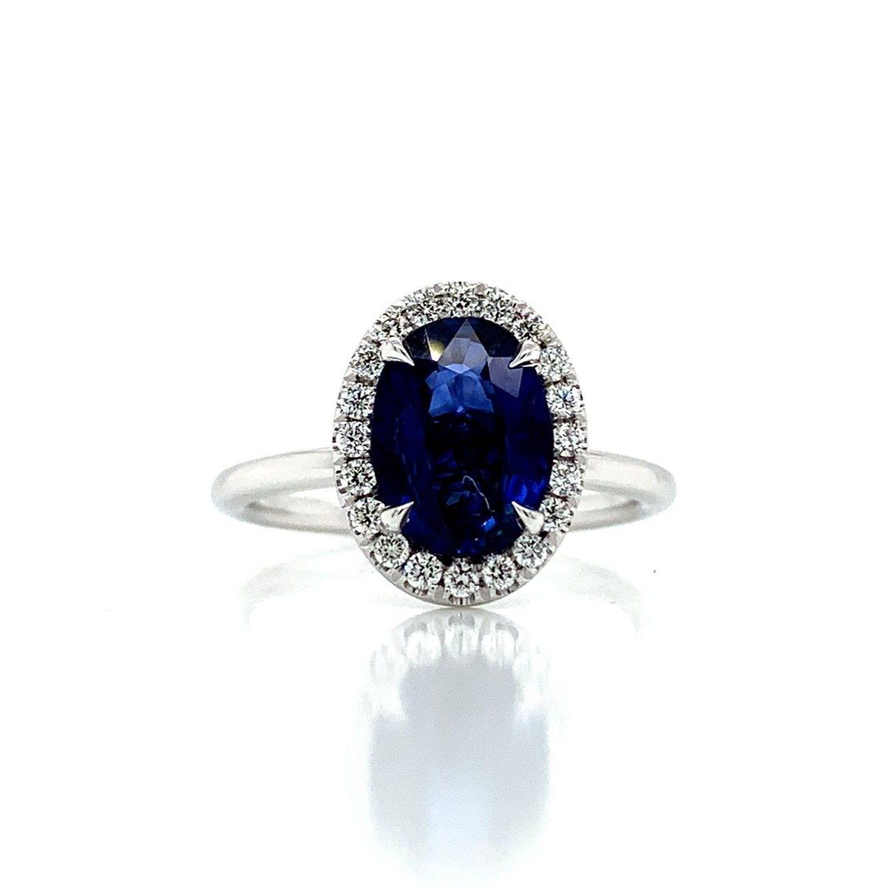 1.88 Total Carat Sapphire Diamond Halo Ladies Ring in 18K White Gold