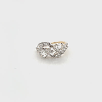 2.10 Total Carat Three-Stone Vintage Gold Ring with Pave Diamonds