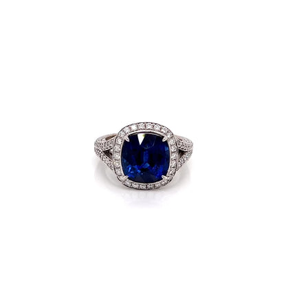 7.09 Total Carat Sapphire and Diamond Halo Pave-Set Ladies Engagement Ring