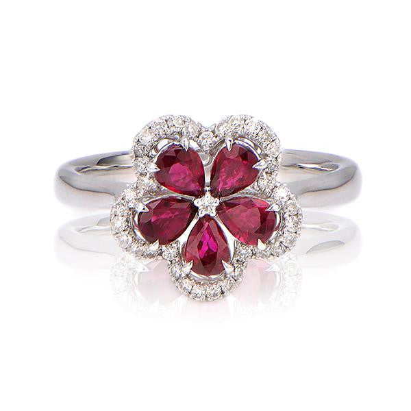 "LADRG01548" Diamond and Ruby Flower Ring In 18k White Gold