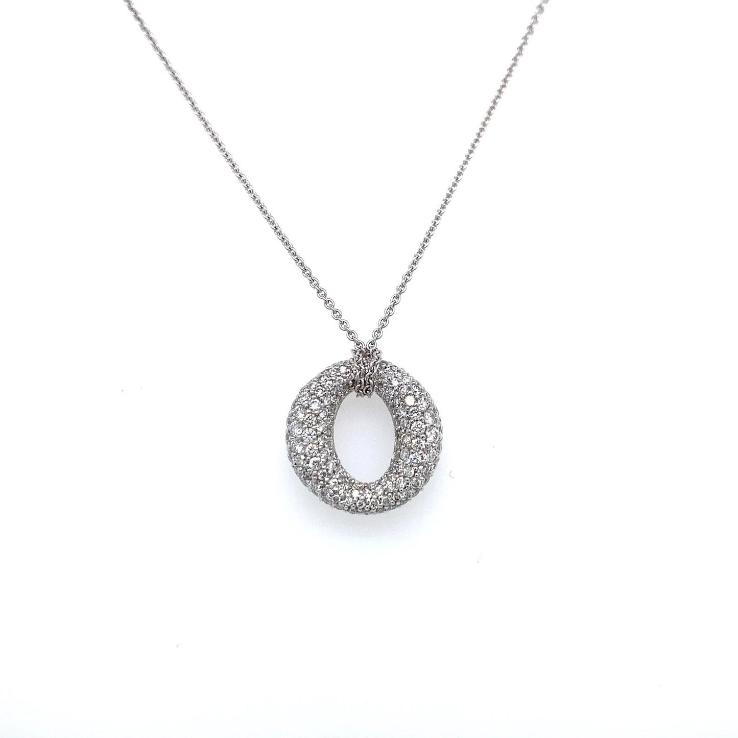 3.21 Carat Round Diamond Pave in 18K White Gold O Shaped Pendant on 16" Chain