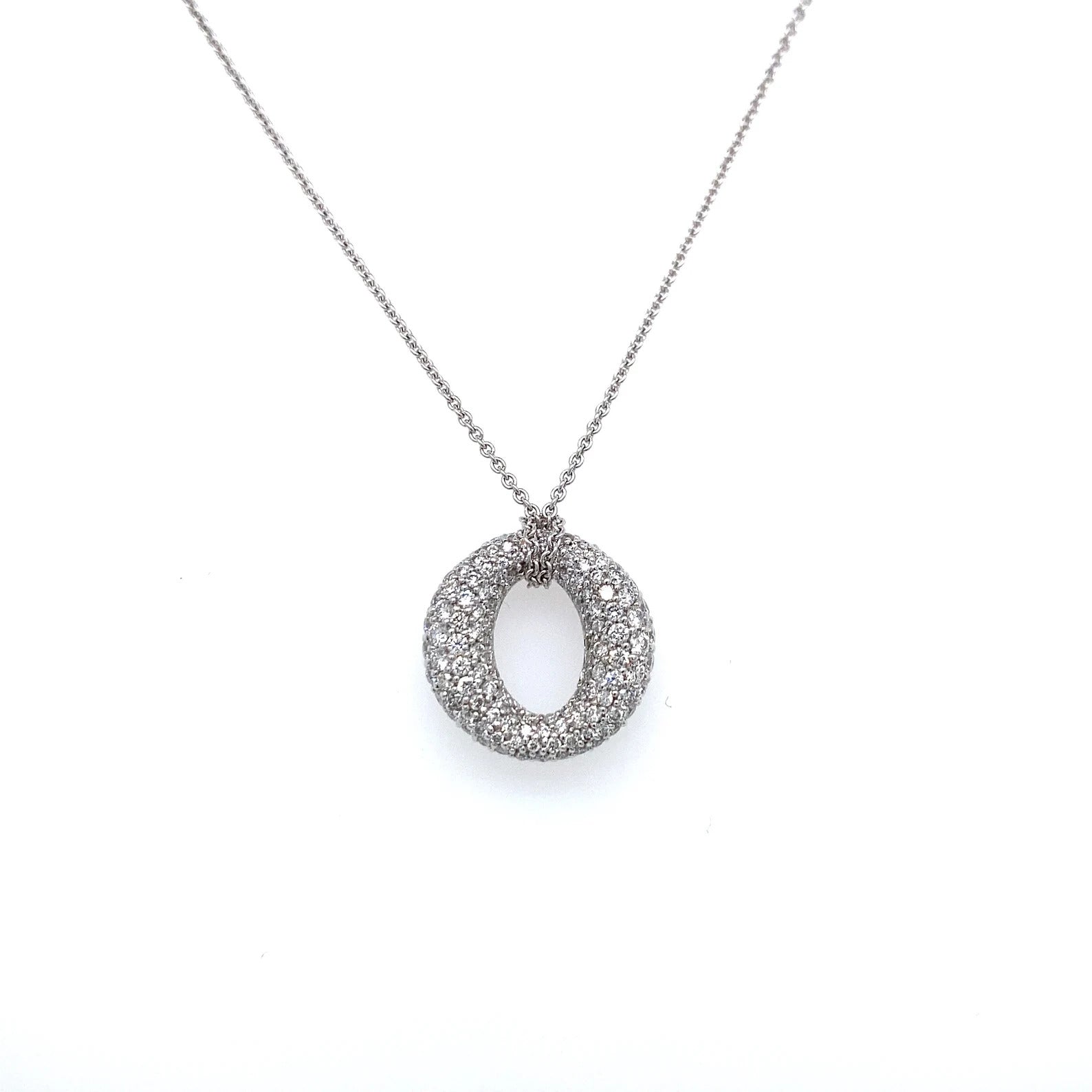 3.21 Carat Round Diamond Pave in 18K White Gold O Shaped Pendant on 16" Chain