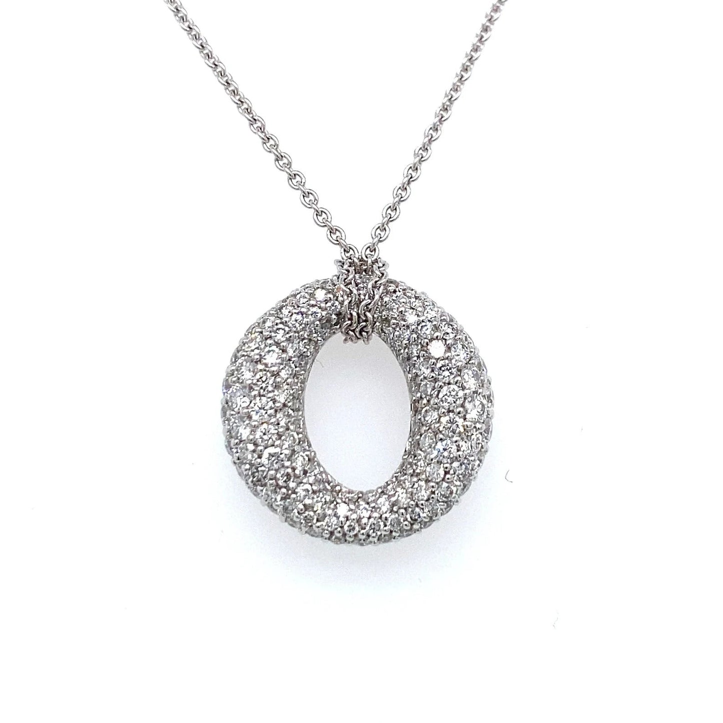 3.21 Carat Round Diamond Pave in 18K White Gold O Shaped Pendant on 16" Chain