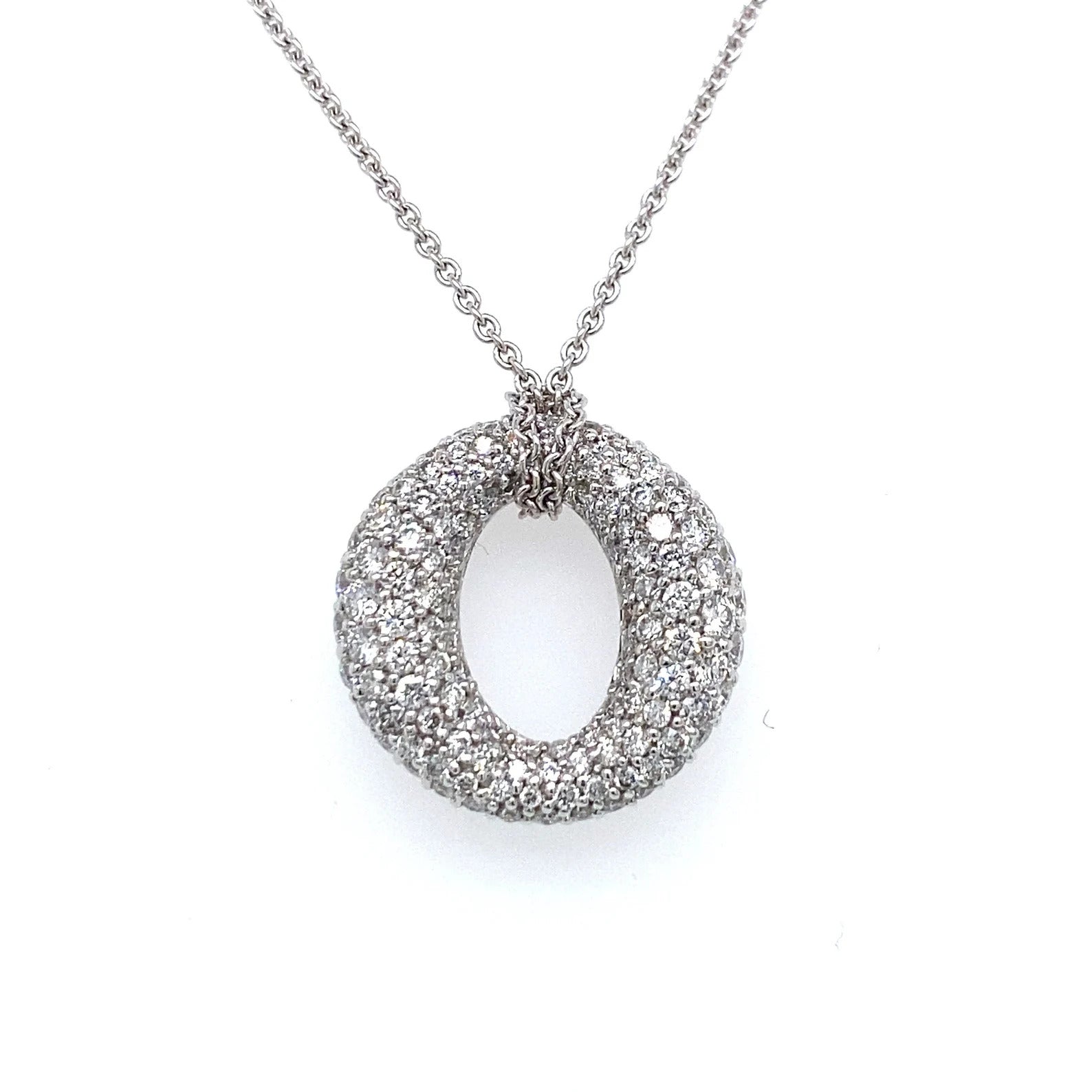 3.21 Carat Round Diamond Pave in 18K White Gold O Shaped Pendant on 16" Chain