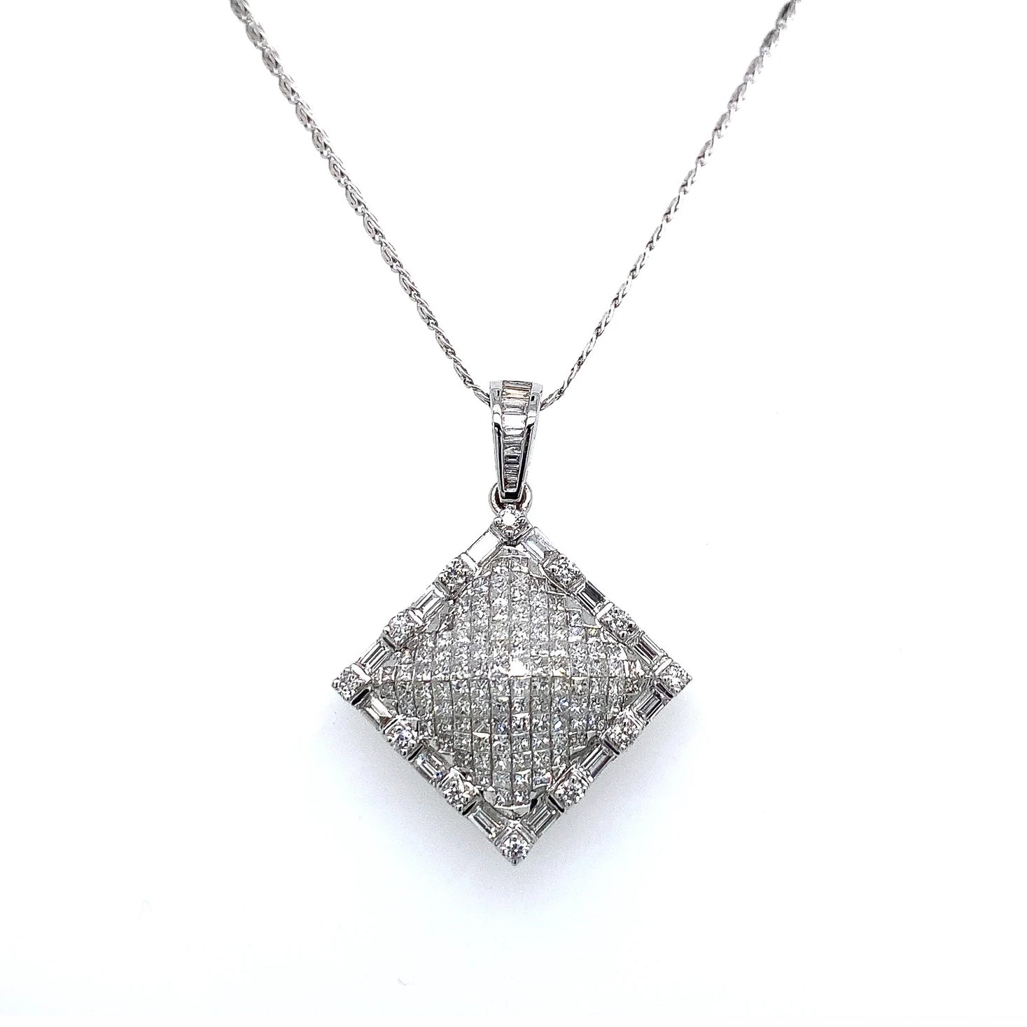 1.95 Carat Square Diamond Pave and 18K White Gold Pendant on 16" Chain