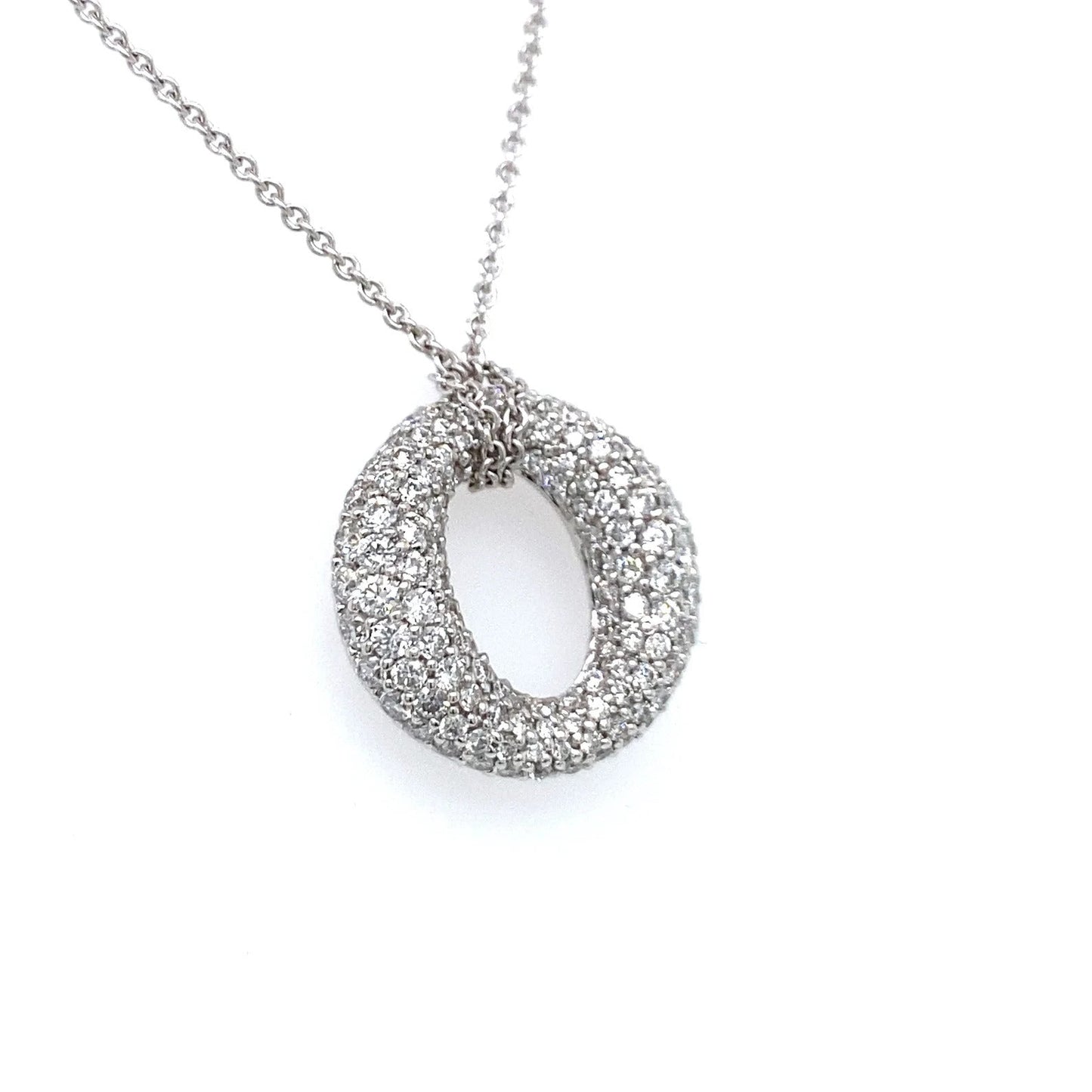 3.21 Carat Round Diamond Pave in 18K White Gold O Shaped Pendant on 16" Chain