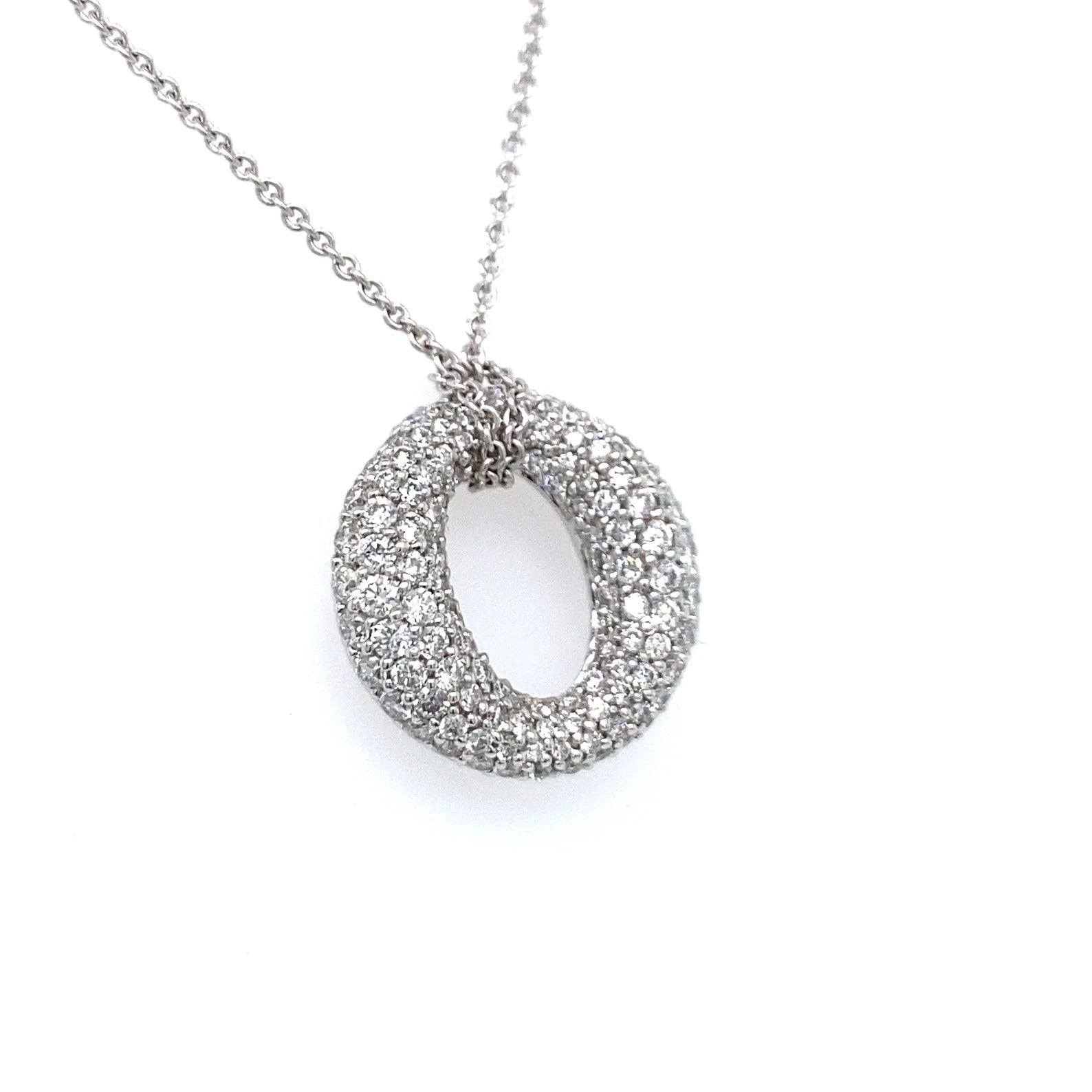 3.21 Carat Round Diamond Pave in 18K White Gold O Shaped Pendant on 16" Chain