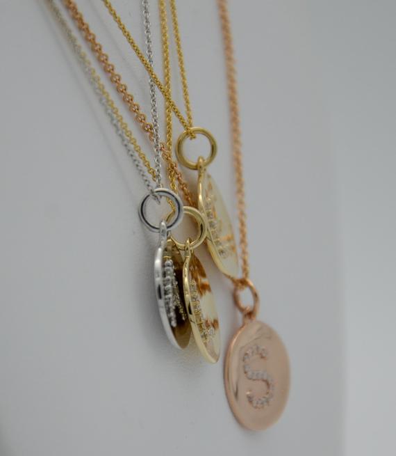 Diamond Initial Circle Concave Pendant - 14K Yellow Gold, Rose Gold, or White Gold Pendant - Handmade in New York City