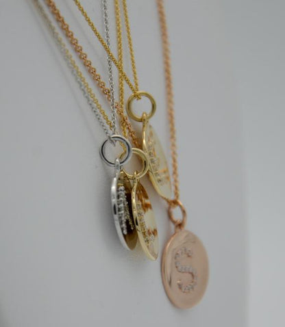 Diamond Initial Circle Concave Pendant - 14K Yellow Gold, Rose Gold, or White Gold Pendant - Handmade in New York City