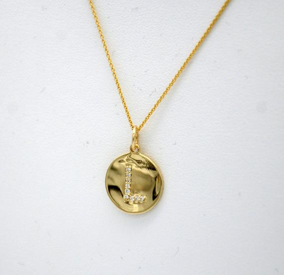 Diamond Initial Circle Concave Pendant - 14K Yellow Gold, Rose Gold, or White Gold Pendant - Handmade in New York City
