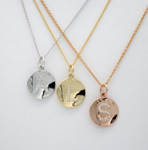 Diamond Initial Circle Concave Pendant - 14K Yellow Gold, Rose Gold, or White Gold Pendant - Handmade in New York City