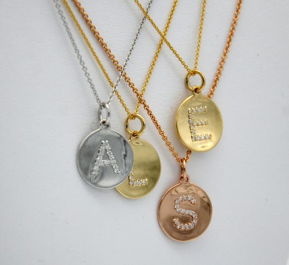 Diamond Initial Circle Concave Pendant - 14K Yellow Gold, Rose Gold, or White Gold Pendant - Handmade in New York City