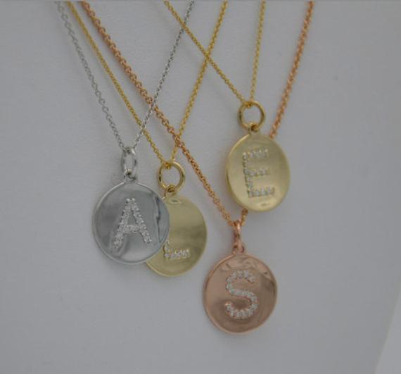 Diamond Initial Circle Concave Pendant - 14K Yellow Gold, Rose Gold, or White Gold Pendant - Handmade in New York City