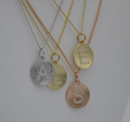 Diamond Initial Circle Concave Pendant - 14K Yellow Gold, Rose Gold, or White Gold Pendant - Handmade in New York City