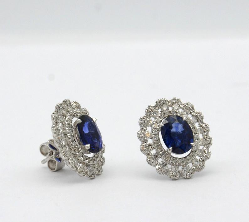 4.30 Total Carat Sapphire and Diamond Triple Halo Antique Inspired Stud Earrings