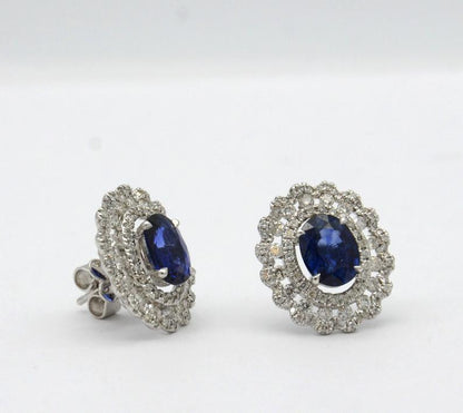 4.30 Total Carat Sapphire and Diamond Triple Halo Antique Inspired Stud Earrings