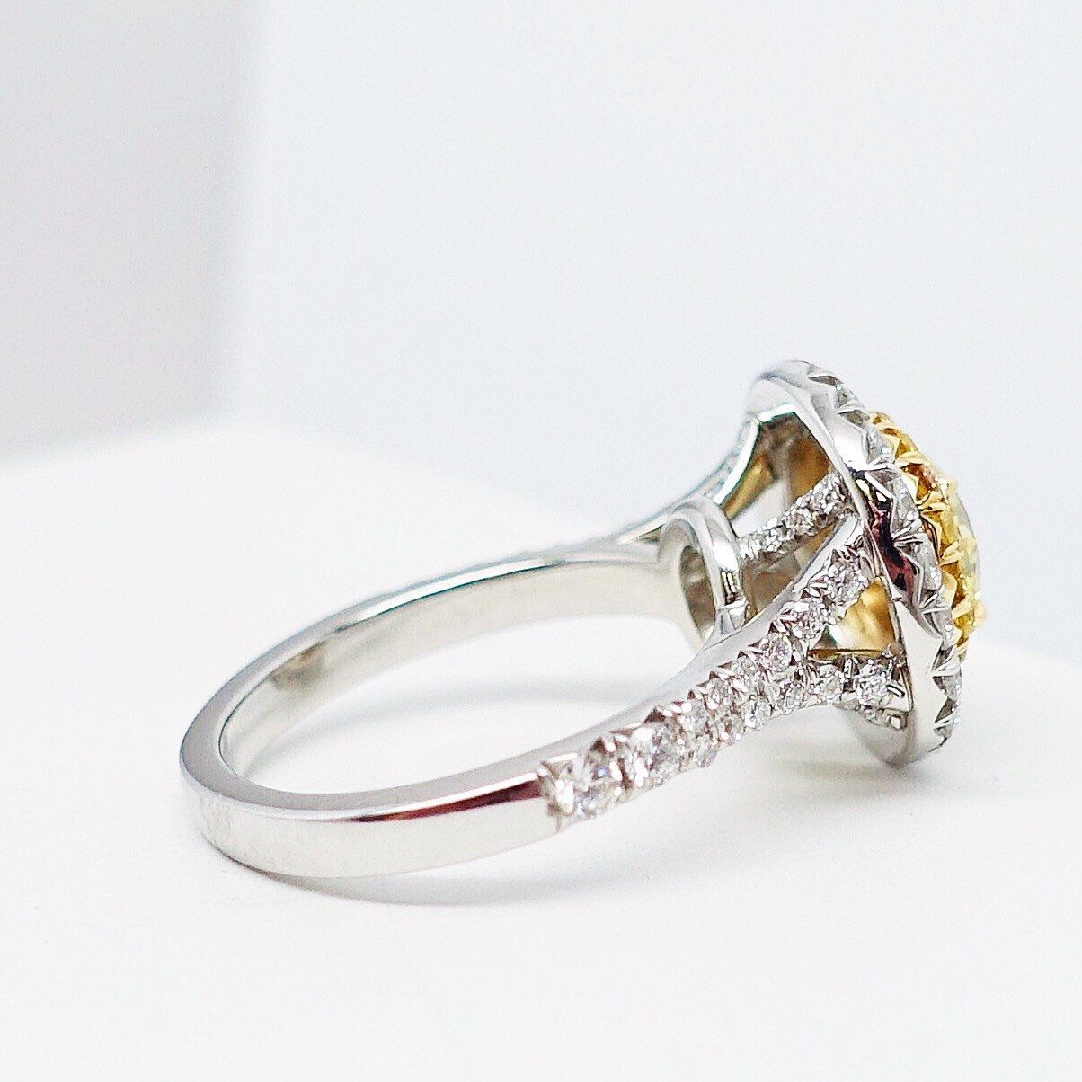2.04 Total Carat Fancy Yellow Diamond Ladies Engagement Ring. GIA Certified.
