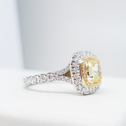 2.22 Total Carat Fancy Yellow Diamond Double Halo Pave-Set Ladies Engagement Ring, GIA Certified