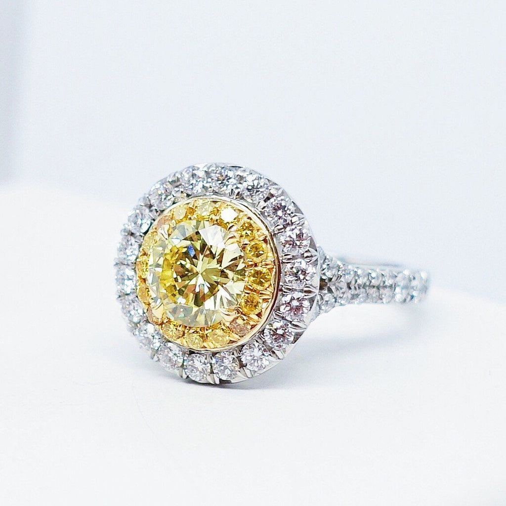 2.04 Total Carat Fancy Yellow Diamond Ladies Engagement Ring. GIA Certified.