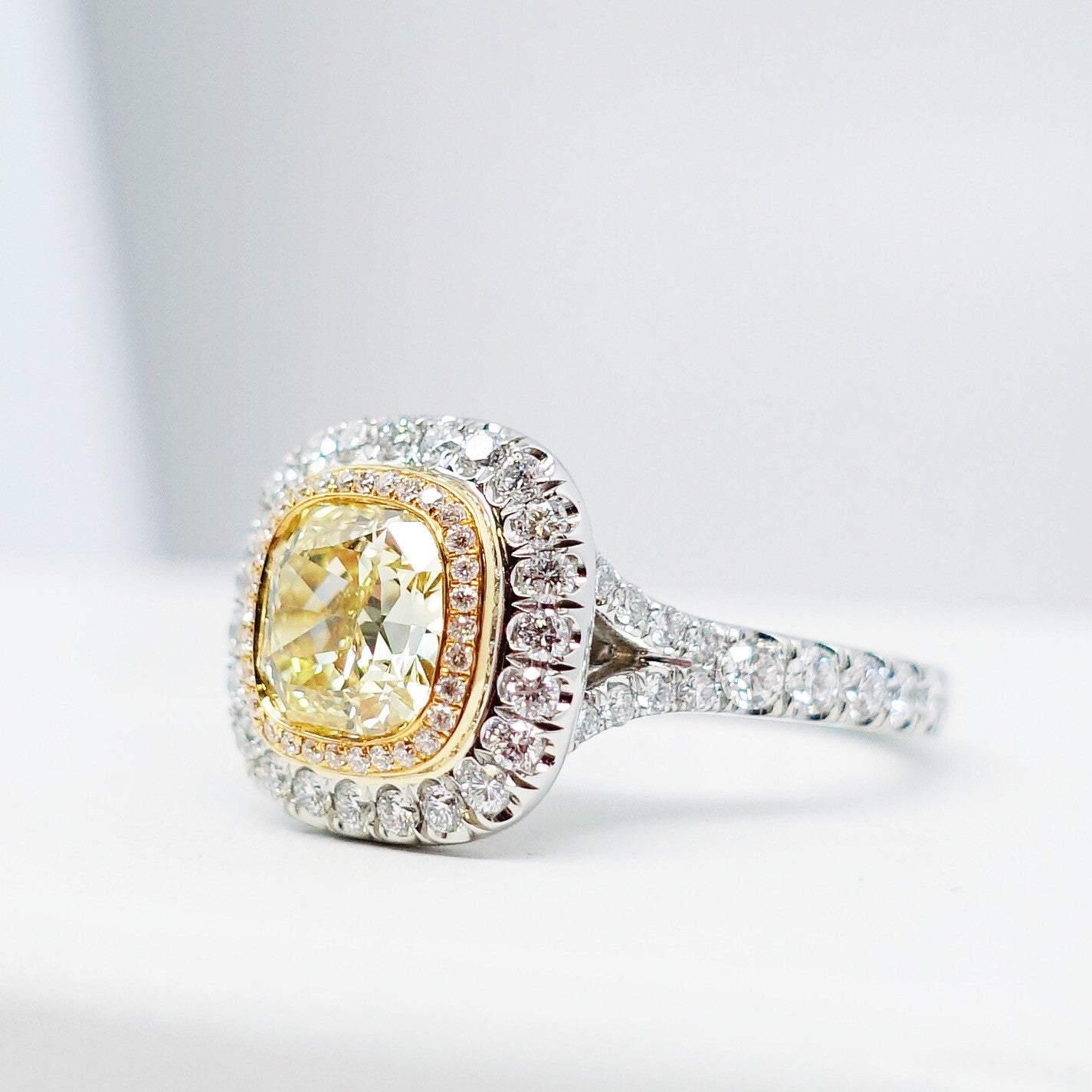 2.22 Total Carat Fancy Yellow Diamond Double Halo Pave-Set Ladies Engagement Ring, GIA Certified